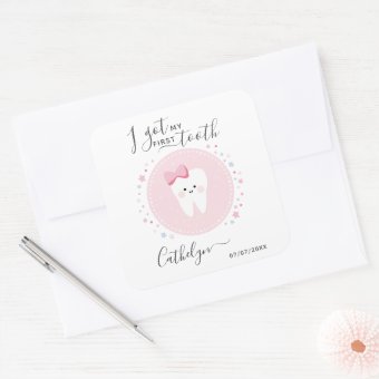 I got my first tooth Baby Girl Teething Date Square Sticker | Zazzle