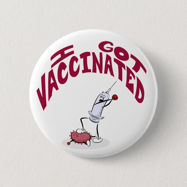 "I GOT VACCINATED" Silly Cartoon Syringe and Virus Button (Front)
