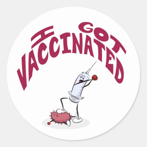 I GOT VACCINATED Silly Cartoon Syringe and Virus Classic Round Sticker