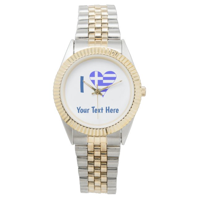 I (Greek Flag Funky Heart) Blue Personalization  Watch (Front)