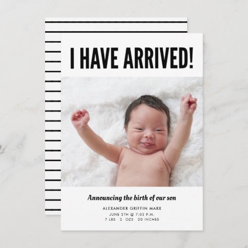 I Have Arrived Photo Funny Baby Birth Announcement