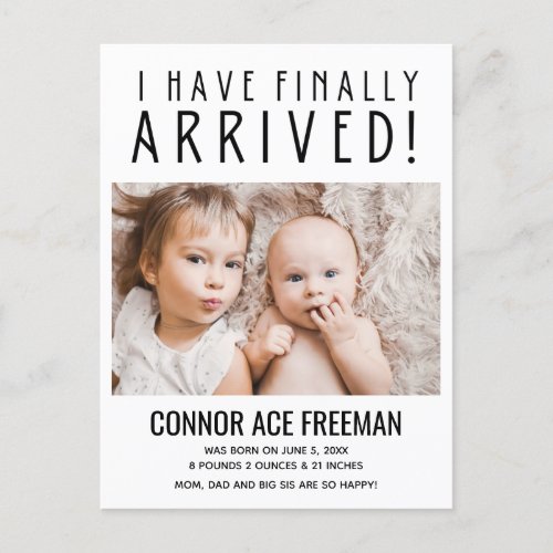 I Have Finally Arrived Photo Baby Boy Birth Announcement Postcard