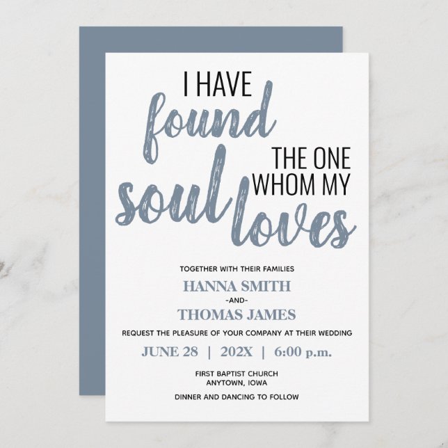 I Have Found the One Typography Dusty Blue Wedding Invitation (Front/Back)