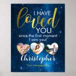 I Have Loved You Since Romantic Gift Photo Poster<br><div class="desc">A fabulous custom photo collage gift poster. This blue space themed design is a gorgeous way to send a heart felt wedding anniversary message,  birthday wishes,  or a little valentines love. Fill out the 3 hearts with photos. A stylish blue and gold personalized design they are sure to love.</div>