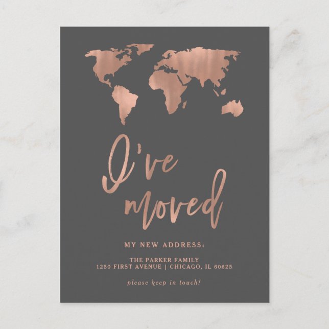 I Have Moved Announcement | Faux Rose Gold Map (Front)