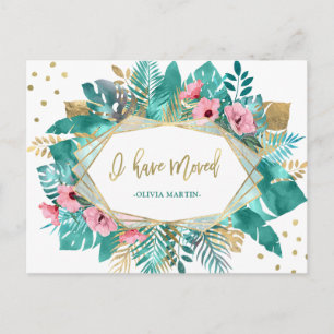 I Have Moved Tropical Gold Leaves on White Postcard