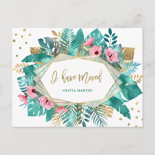 I Have Moved  Tropical Gold Leaves on White Postcard