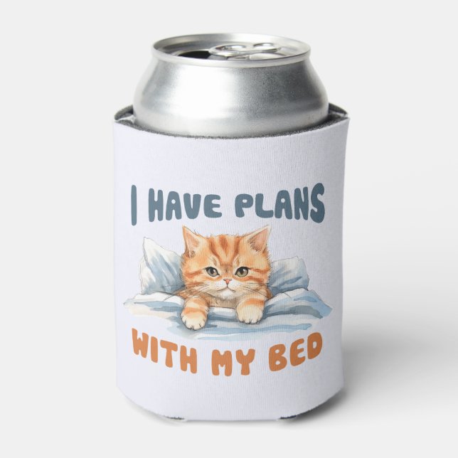 I Have Plans with My Bed – Cozy Orange Cat Can Cooler (Can Front)
