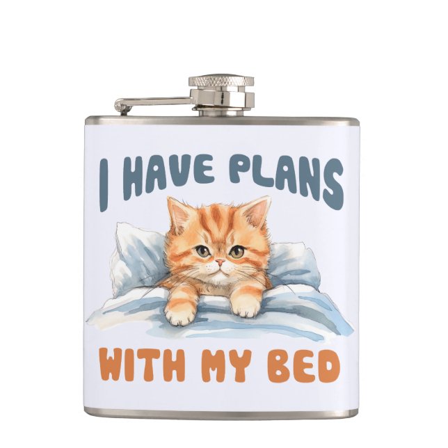 I Have Plans with My Bed – Cozy Orange Cat Flask (Front)