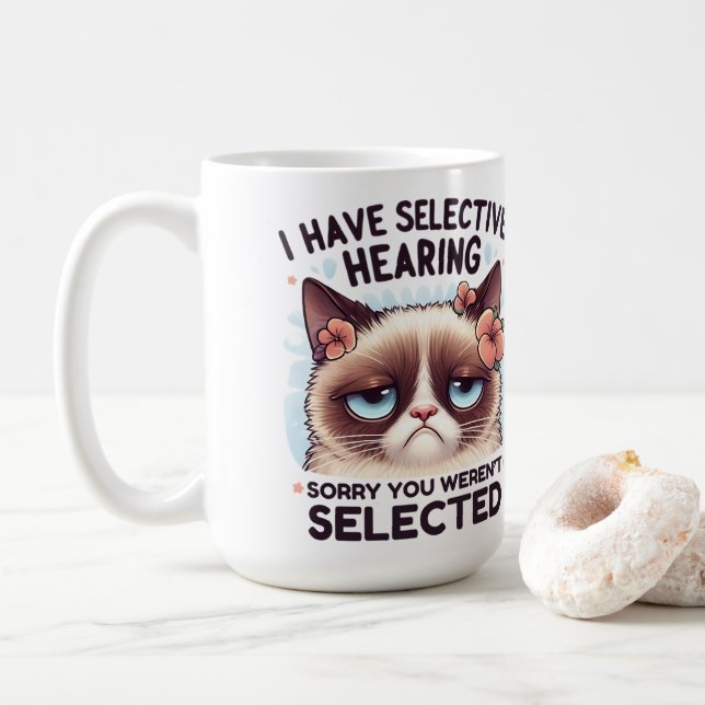 I Have Selective Hearing Funny Cat Lover Gift  Coffee Mug (With Donut)