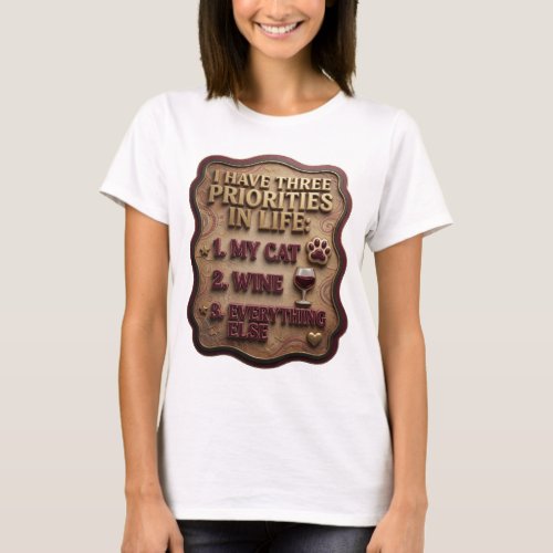 I HAVE THREE PRIORITIES IN LIFE 1 MY CAT 2 WINE v2 T-Shirt