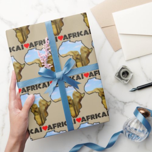 I Heart Africa Map Black Blue Sky Elephants Wrapping Paper