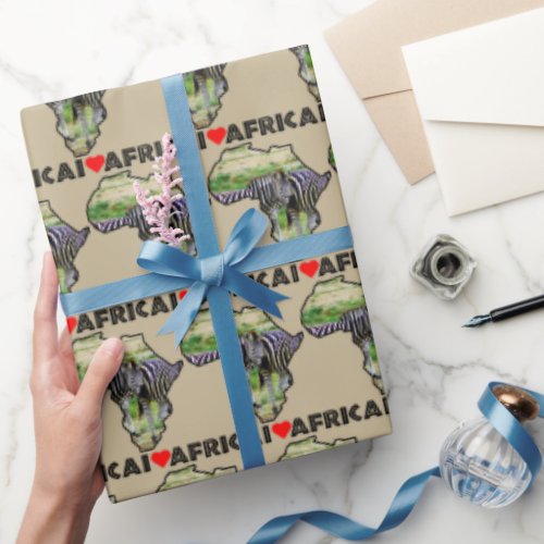I Heart Africa Map Black Zebra Couple Wrapping Paper