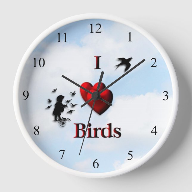 I Heart Birds Cloudy Day  Kitchen Wall Clock (Front)