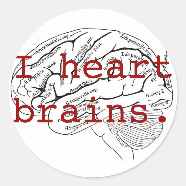 I heart brains. classic round sticker (Front)
