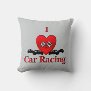 I Heart Car Racing Gray Throw Pillow