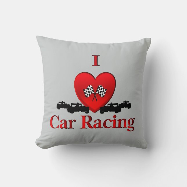 I Heart Car Racing Gray Throw Pillow (Front)