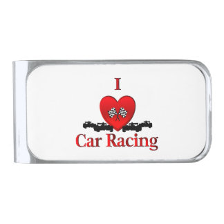 I Heart Car Racing Silver Finish Money Clip