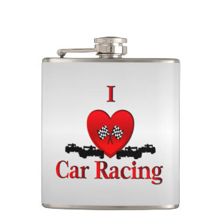 I Heart Car Racing Silver Hip Flask