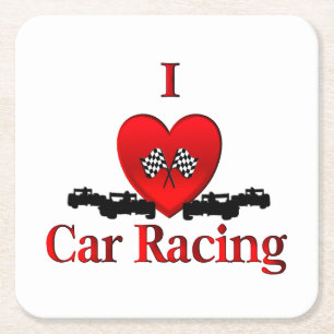 I Heart Car Racing Square Paper Coaster