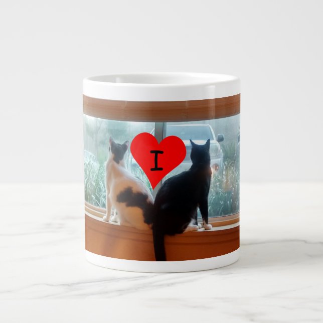 I Heart Cats, Photo of Cats on Windowsill Giant Coffee Mug (Front)