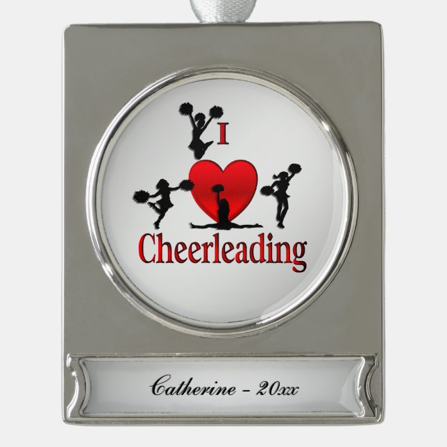 I Heart CheerLeading Name and Year Silver Plated Banner Ornament (Front)
