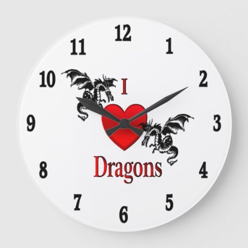 I Heart Dragons Black Numbers Large Clock