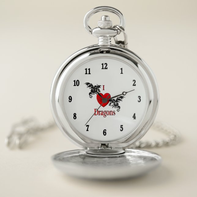 I Heart Dragons Black Numbers Pocket Watch (Inside)