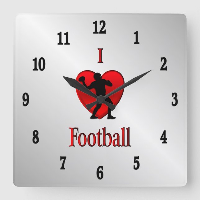 I Heart Football Black Numbers Square Wall Clock (Front)