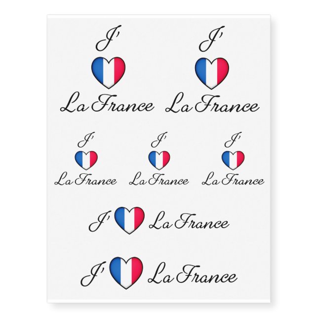"I heart France" French Pride "J'adore La France"  Temporary Tattoos (Front)