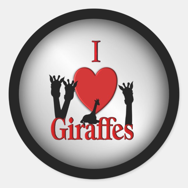 I Heart Giraffes Silver Classic Round Sticker (Front)