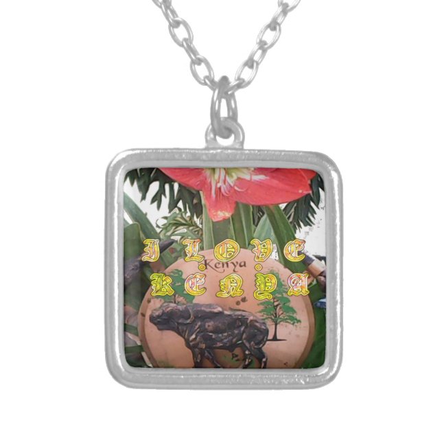 I (Heart) Kenya Buffalo Patch/Print Silver Plated Necklace (Front)