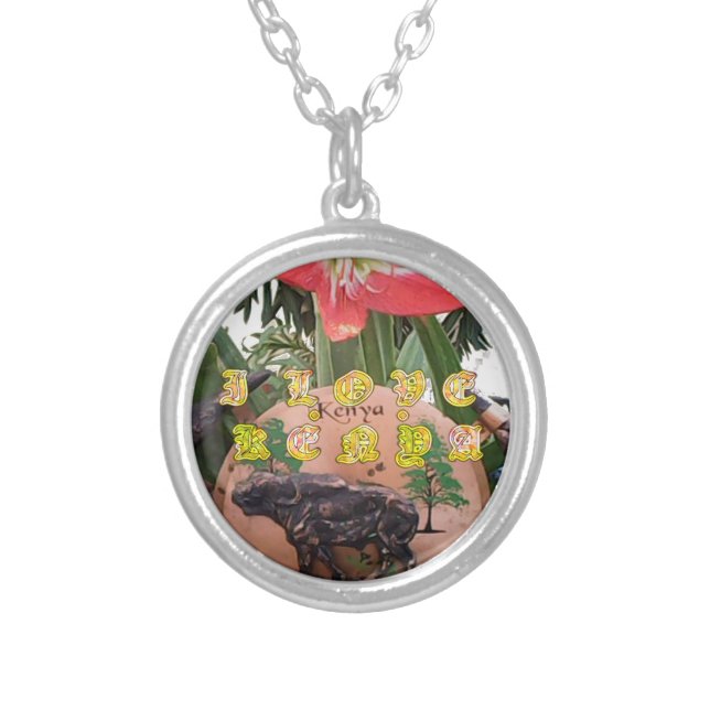 I (Heart) Kenya Buffalo Patch/Print Silver Plated Necklace (Front)