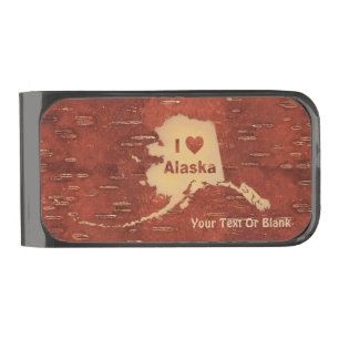 I Heart (Love) Alaska On Inner Birch Bark Gunmetal Finish Money Clip