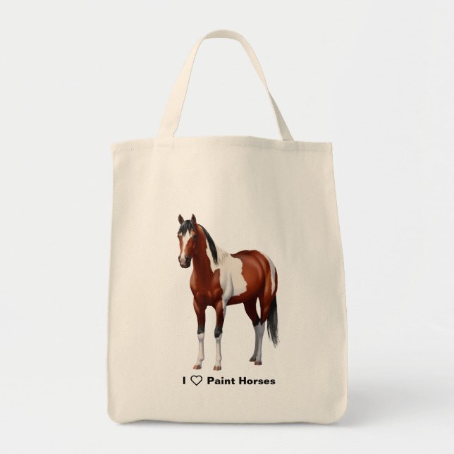 I Heart (Love) Paint Horses Bay Pinto Tote Bag (Front)