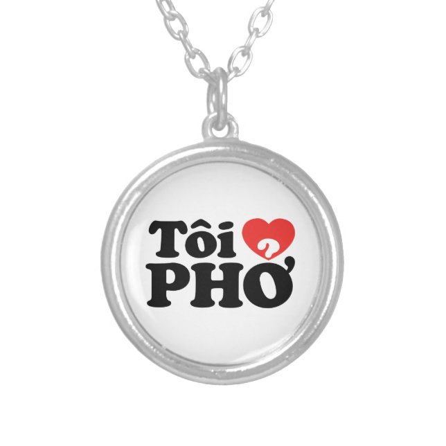 I Heart (Love) Pho (Tôi ❤ PHỞ) Vietnamese Language Silver Plated Necklace (Front)