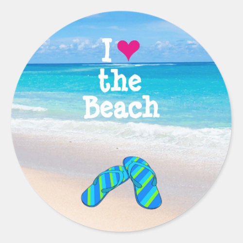 I Heart Love the Beach Flip Flops in the Sand Classic Round Sticker