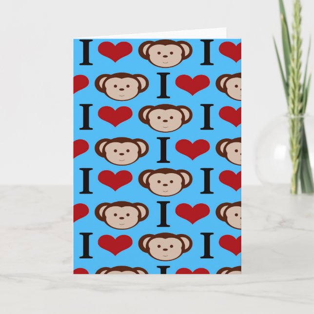 I Heart Monkeys Turquoise Teal Blue Valentines Holiday Card (Front)