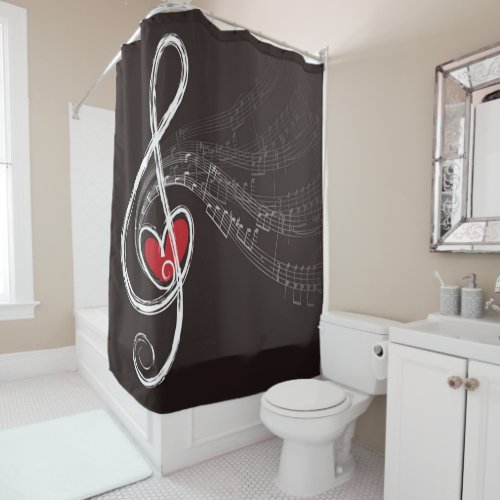 I HEART MUSIC Treble Clef Black Bathroom Decor Shower Curtain