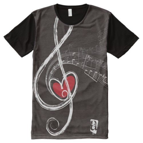 I HEART MUSIC Treble Clef Black Personalized All_Over_Print T_Shirt