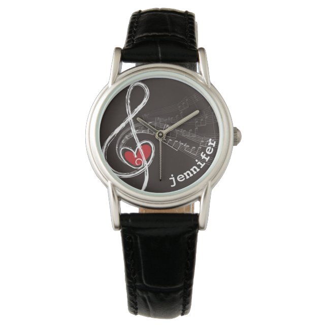 I HEART MUSIC Treble Clef Black Personalized Watch (Front)