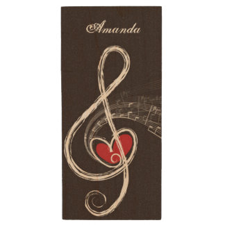 I HEART MUSIC Treble Clef Black Personalized Wood Flash Drive
