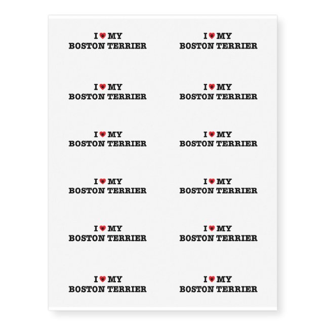 I Heart My Boston Terrier Temporary Tattoos (Front)