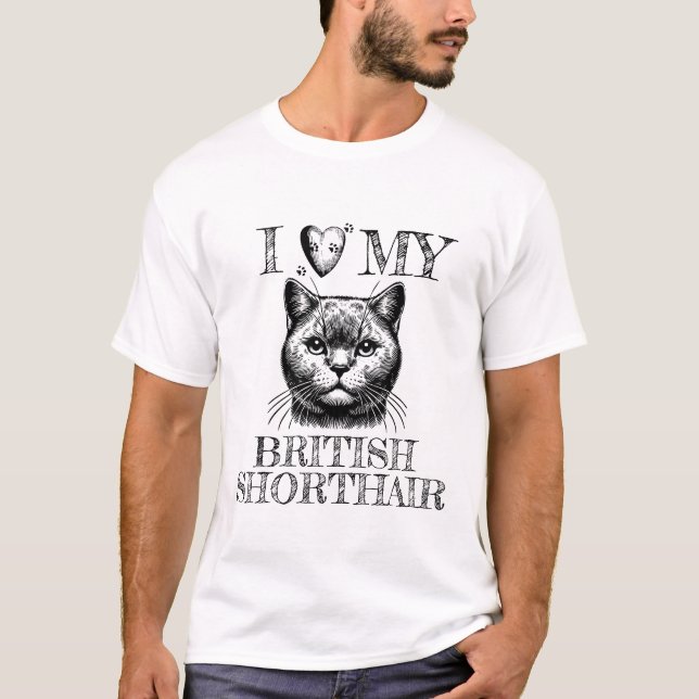 I Heart My British Shorthair, Cat Pawprints Black T-Shirt (Front)