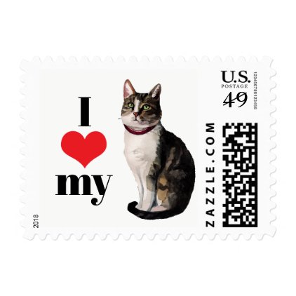 I heart my cat stamp, brown white tabby postage