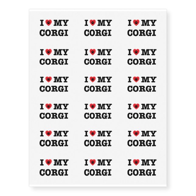 I Heart My Corgi Temporary Tattoos (Front)