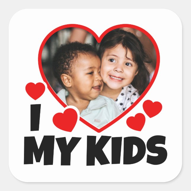 I Heart My Kids Personalized Photo Square Sticker (Front)