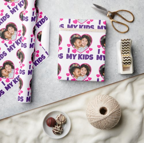 I Heart My Kids Personalized Photo Wrapping Paper