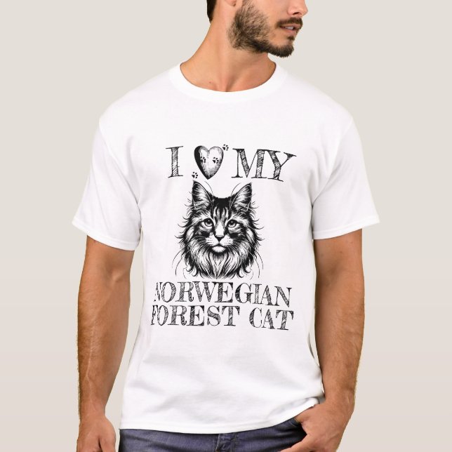 I Heart My Norwegian Forest Cat Pawprints Black T-Shirt (Front)