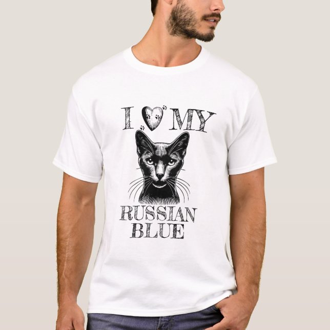 I Heart My Russian Blue, Cat Pawprints Black T-Shirt (Front)
